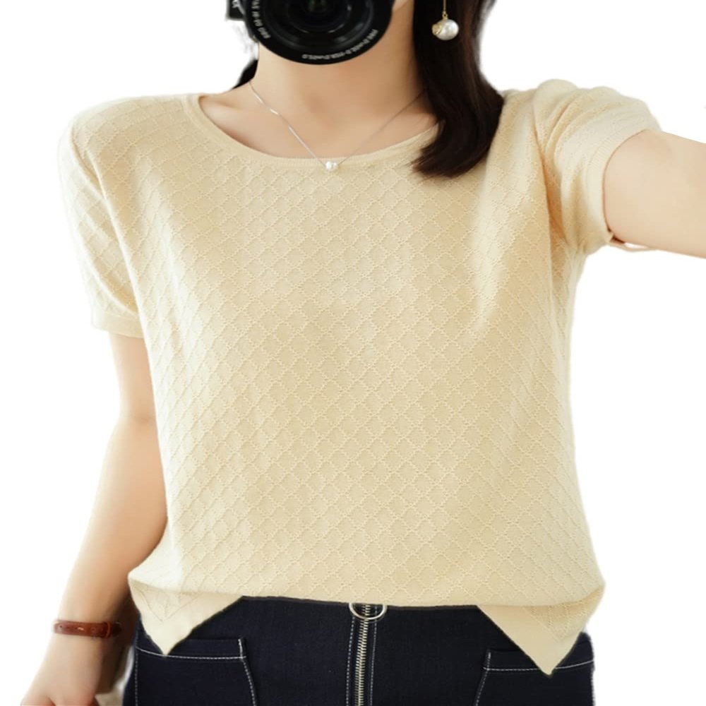 Ailaile Womens Short Sleeve Sweaters Tops Summer Thin Pullover Cotton Knit Shirt Crew Neck Lightweight Pointelle Blouse Beige