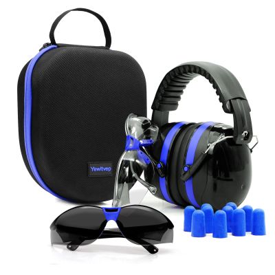 Gun Range Ear Protection Shooting Ear Protection Ear Muffs for Shooting Range Including High-Performance Earmuffs, Range Eye Protection-Gun Safety Glasses, Earplugs, Hard Storage Carrying Case-Blue