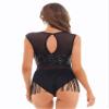 iiniim Women's Shiny Sequins Tassel Latin Jazz Dance Leotard Bodysuit Crisscross Back Lyrical Dance Costume Black Large view 3