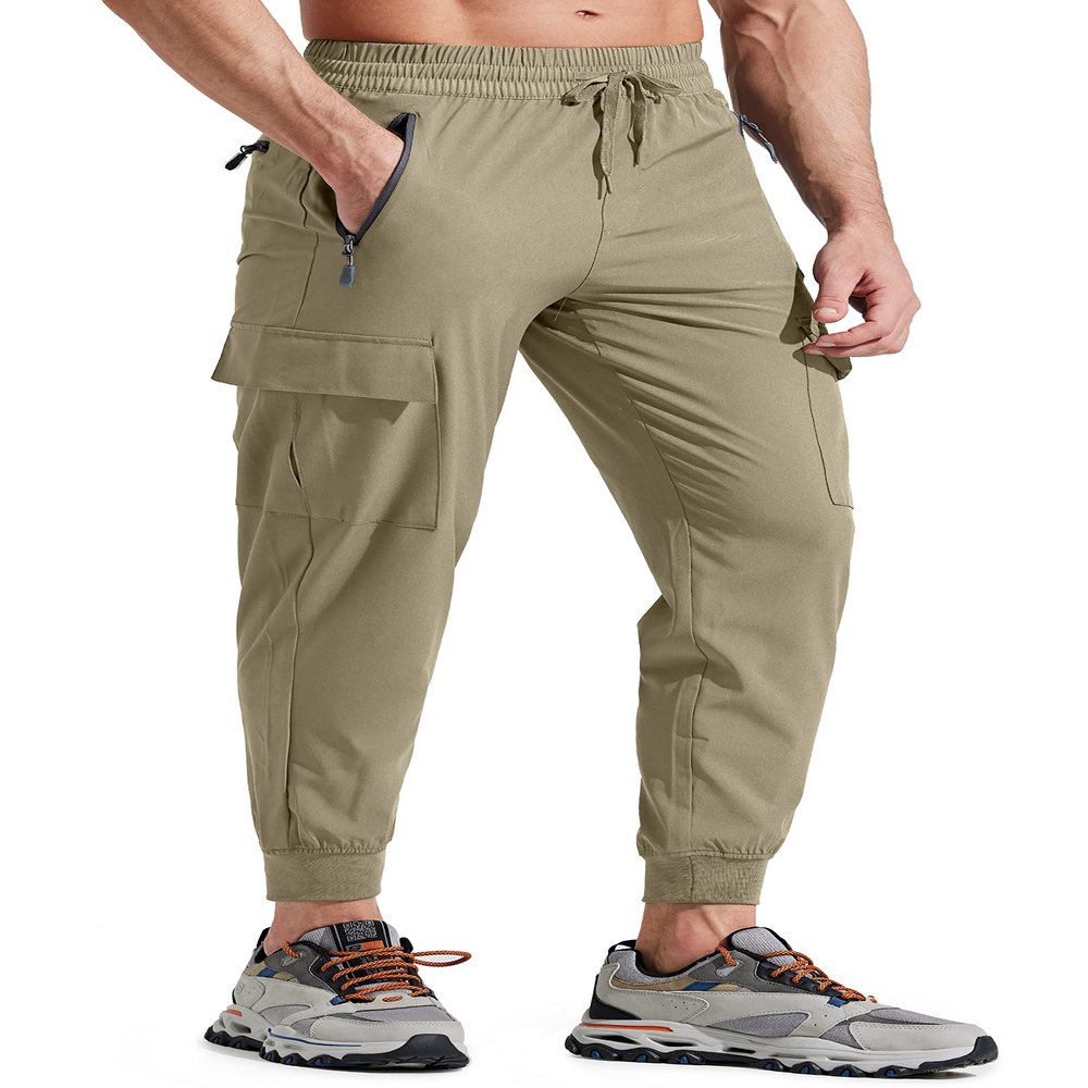 Libin Men's Lightweight Joggers Quick Dry Cargo Hiking Pants Track Running Workout Athletic Travel Golf Casual Outdoor, Khaki L