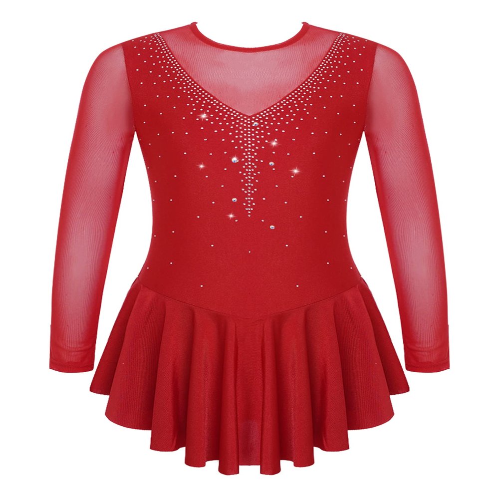 easyforever Kids Girls Ice Figure Skating Roller Skater Leotard Dress Floral Lace Long Sleeve Tutu Skirt Dancewear V Shape*Burgundy 10 Years