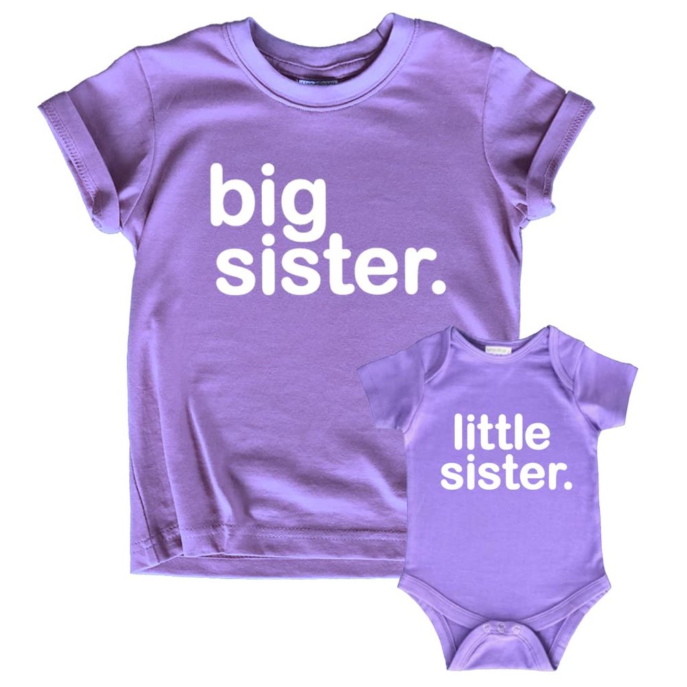 big sister little sister matching outfits shirts set baby toddler newborn girls (Purple, Kid (5T) / Baby (3-6M))