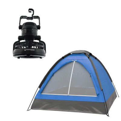 2 Person Tent Camping Gear Set with Outdoor Dome Tent and Hanging LED Lantern Fan for Backpacking, Hiking, or Backyard by Wakeman Outdoors (Blue)