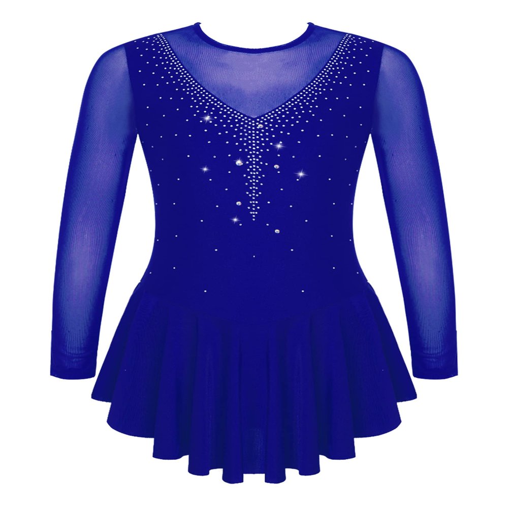 easyforever Kids Girls Ice Figure Skating Roller Skater Leotard Dress Floral Lace Long Sleeve Tutu Skirt Dancewear V Shape*Royal Blue 8 Years