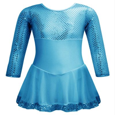 Aislor Girls Sequins Figure Ice Skating Dress Long Sleeve Skirted Leotards Ballet Dance Dress Competition Dance Costume Blue 14 Years