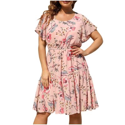 tuduoms Boho Floral Skater Dress for Women Plus Size Flutter Sleeve Scoop Neck Pleated Swing Midi Dress Aline Flowy Sundress
