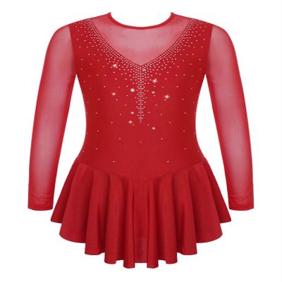 easyforever Kids Girls Ice Figure Skating Roller Skater Leotard Dress Floral Lace Long Sleeve Tutu Skirt Dancewear V Shape*Burgundy 8 Years