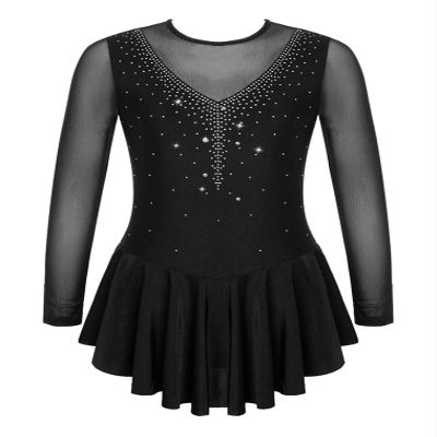 easyforever Kids Girls Ice Figure Skating Roller Skater Leotard Dress Floral Lace Long Sleeve Tutu Skirt Dancewear V Shape*Black 16 Years