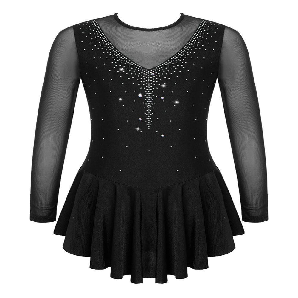 easyforever Kids Girls Ice Figure Skating Roller Skater Leotard Dress Floral Lace Long Sleeve Tutu Skirt Dancewear V Shape*Black 16 Years