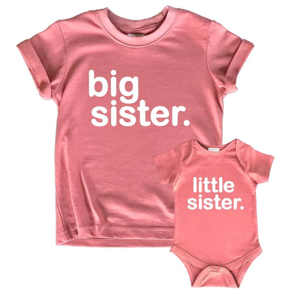 big sister little sister matching outfits shirts set baby toddler newborn girls (Mauve, Kid (4T) / Baby (3-6M))