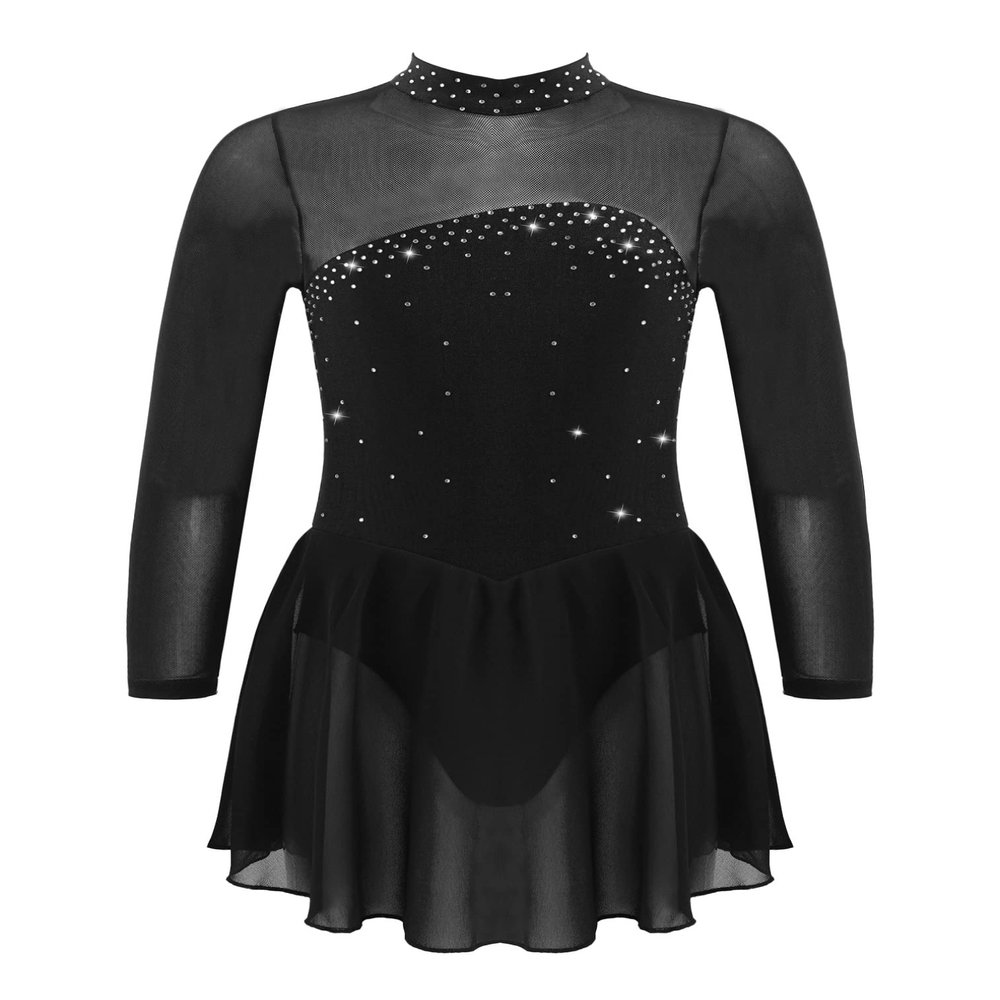 easyforever Kids Girls Long Sleeve Skirted Leotards Bodysuit Ballet Dance Dress Ballerina Figure Ice Skating Dress z01 Black 10 Years
