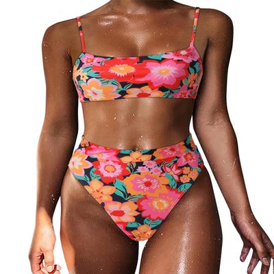 MOSHENGQI Women High Waisted High Cut Bikini Push Up Bandeau Swimsuits (S, Retro Colorful Floral)