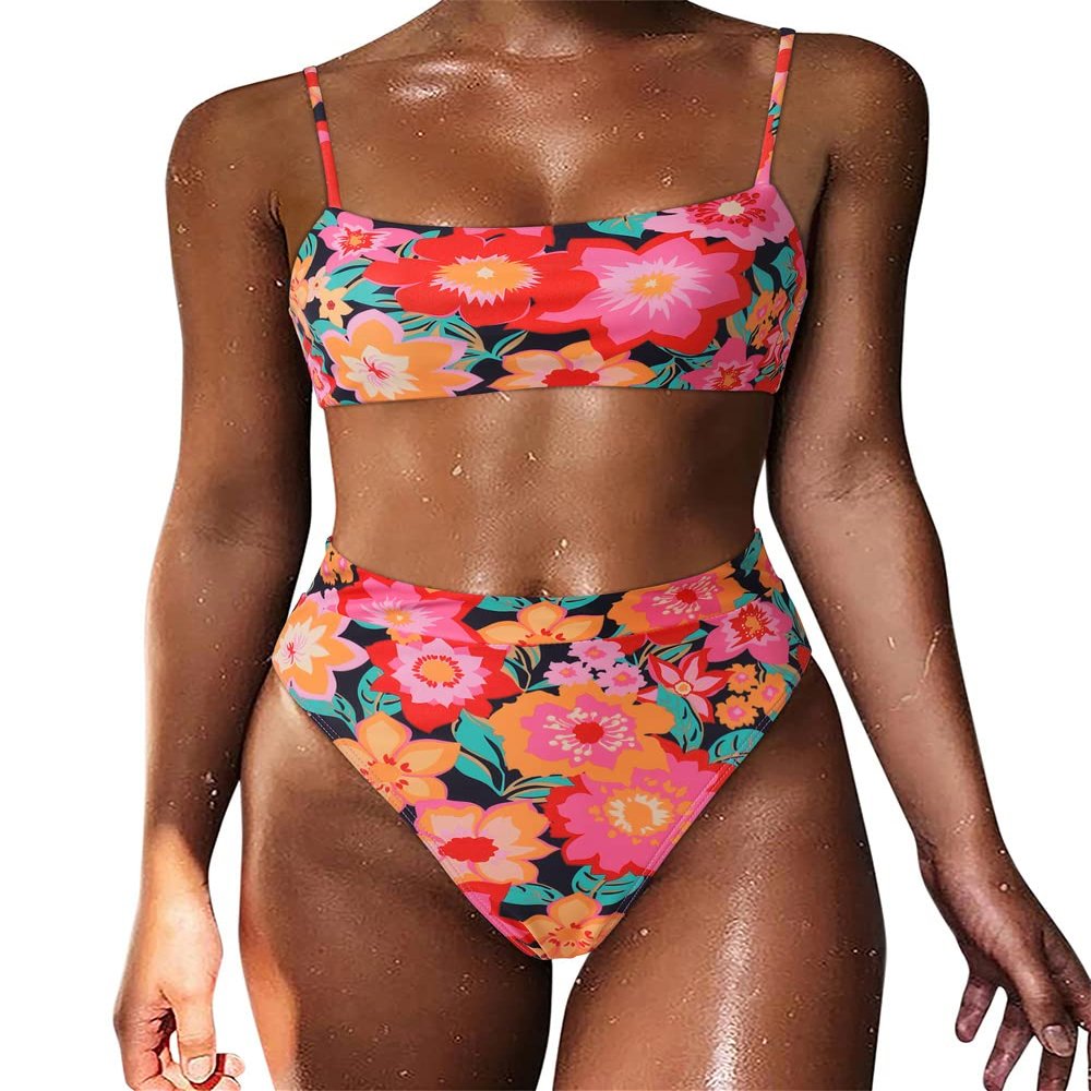 MOSHENGQI Women High Waisted High Cut Bikini Push Up Bandeau Swimsuits (S, Retro Colorful Floral)