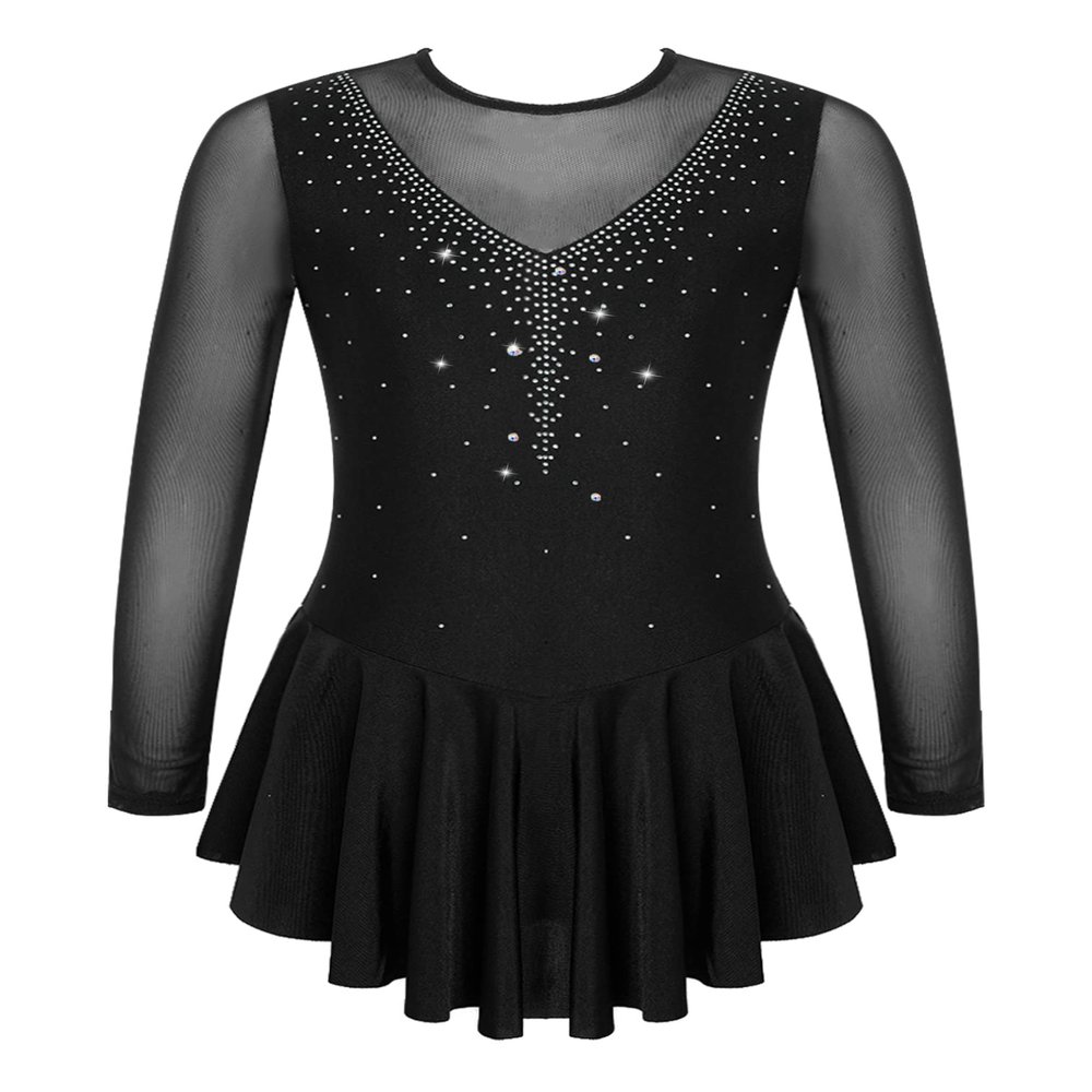 Agoky Kids Girls Long Sleeve Mesh Splice Figure Skating Dress with Rhinestone Keyhole Back Gymnastic Ballet Dance Costume Black_B 12 Years