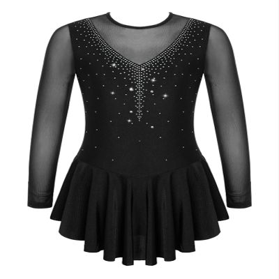 Agoky Kids Girls Long Sleeve Mesh Splice Figure Skating Dress with Rhinestone Keyhole Back Gymnastic Ballet Dance Costume Black_B 10 Years