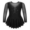 Agoky Kids Girls Long Sleeve Mesh Splice Figure Skating Dress with Rhinestone Keyhole Back Gymnastic Ballet Dance Costume Black_B 10 Years view 1