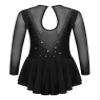 Agoky Kids Girls Long Sleeve Mesh Splice Figure Skating Dress with Rhinestone Keyhole Back Gymnastic Ballet Dance Costume Black_B 10 Years view 2