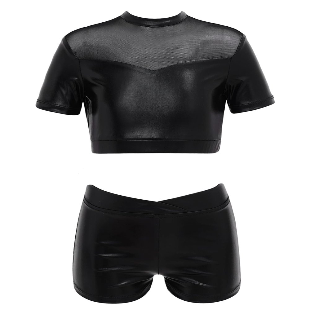 Huimingda Kids Girls Hip Hop Dance Short Sleeves Crop Tops and Shorts Set Athletic Tracksuit Sports Outfits Black 14 Years