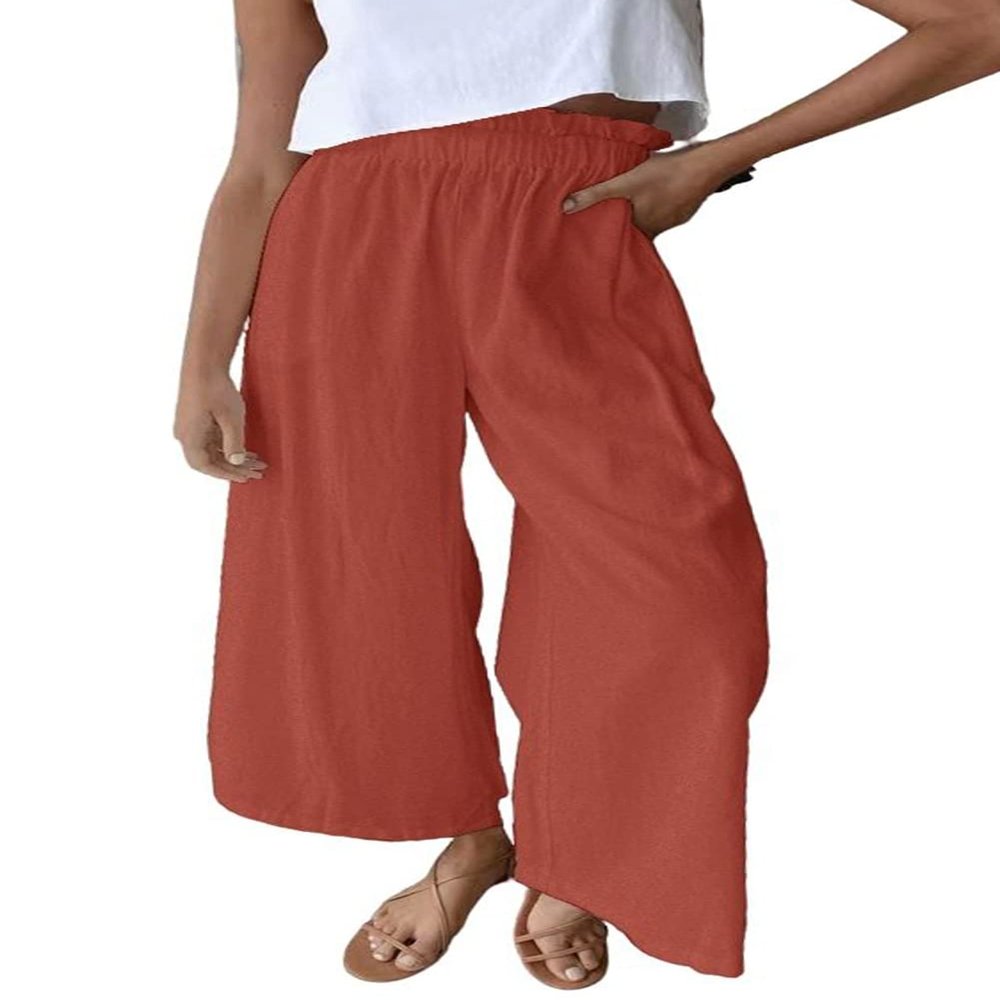 chouyatou Women's Casual Elastic Waist Beach Lounge Palazzo Wide Leg Linen Pants (Medium, Brick Red)