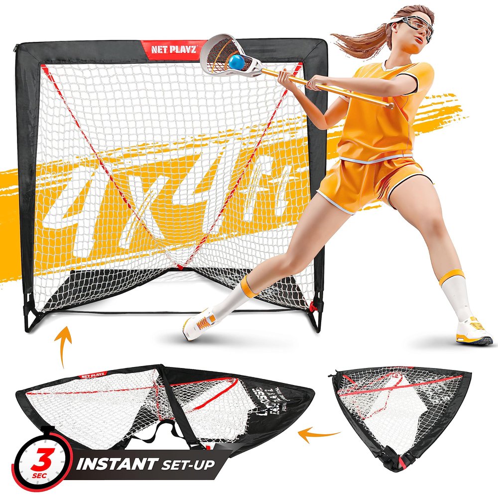 NET PLAYZ 4 x 4 x 4 Feet Lacrosse Goal Fast Install, Fiberglass Frame, Lightweight, Foldable, Portable, Carry Bag Included, Black,NOH445402021
