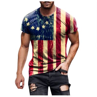 QWENTMTNTY Mens Graphic T-Shirts Patriotic Muscle Short Sleeve Tees Summer Athletic Fitness American Flag Personality Shirt
