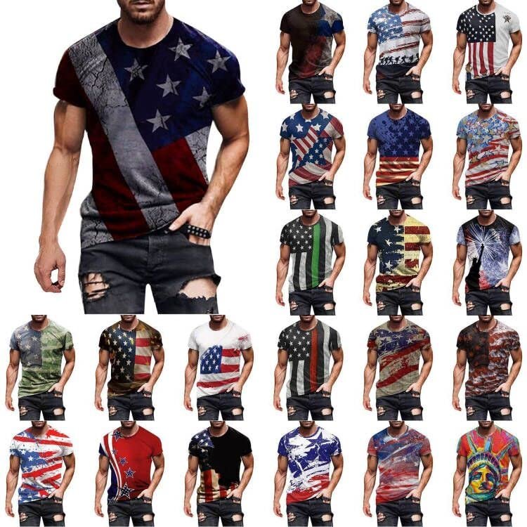 QWENTMTNTY Mens Graphic T-Shirts Patriotic Muscle Short Sleeve Tees Summer Athletic Fitness American Flag Personality Shirt