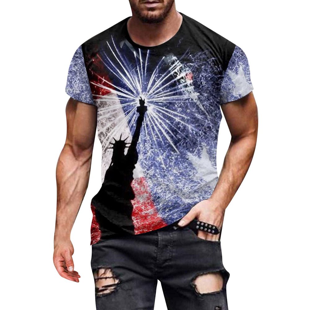 QWENTMTNTY Mens Graphic T-Shirts Patriotic Muscle Short Sleeve Tees Summer Athletic Fitness American Flag Personality Shirt