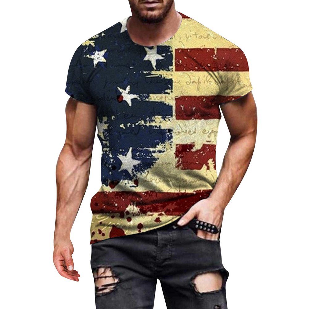 QWENTMTNTY Mens Graphic T-Shirts Patriotic Muscle Short Sleeve Tees Summer Athletic Fitness American Flag Personality Shirt