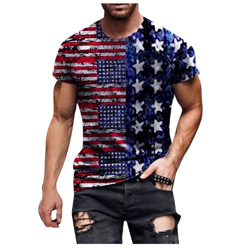 QWENTMTNTY Mens Graphic T-Shirts Patriotic Muscle Short Sleeve Tees Summer Athletic Fitness American Flag Personality Shirt