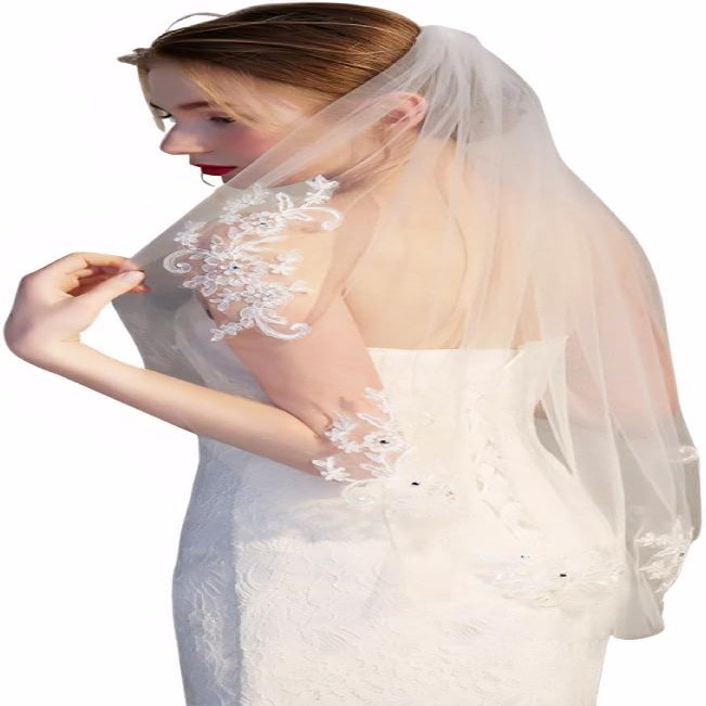 Aularso Lace Wedding Veils Floral Short Bridal Veil for Wedding Appliqued Veils with Comb Soft Tulle Hair Accessories for Brides (Ivory)