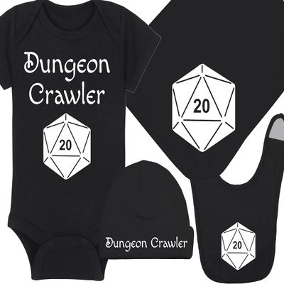 Gaming Baby Onesie and Blanket - Dungeon Crawler with Dice - Solid D20 Die (3-6 Month - Black Fabric - White Design)
