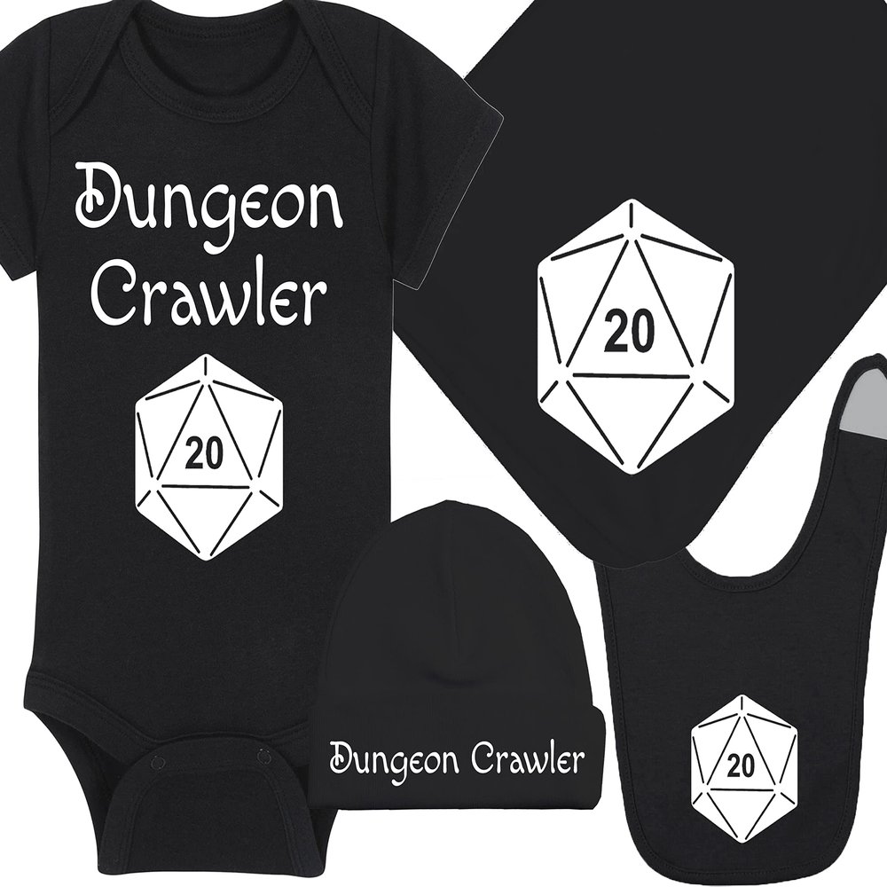 Gaming Baby Onesie and Blanket - Dungeon Crawler with Dice - Solid D20 Die (3-6 Month - Black Fabric - White Design)