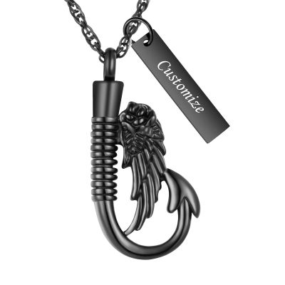 abooxiu Personalized Fishing Hook Urn Necklace for Ashes Angel wing Fish Hook Stainless Steel Cremation Jewelry Memorial Pendant Keepsake Ashes Holder - Customized Available