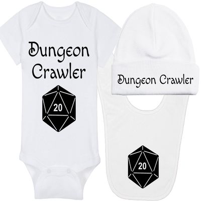 Gaming Baby Onesie and Blanket - Dungeon Crawler with Dice - Solid D20 Die (0-3 Month - White Fabric - Black Design)