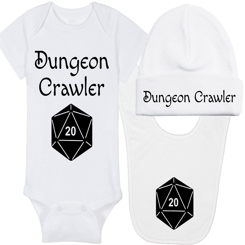 Gaming Baby Onesie and Blanket - Dungeon Crawler with Dice - Solid D20 Die (0-3 Month - White Fabric - Black Design)