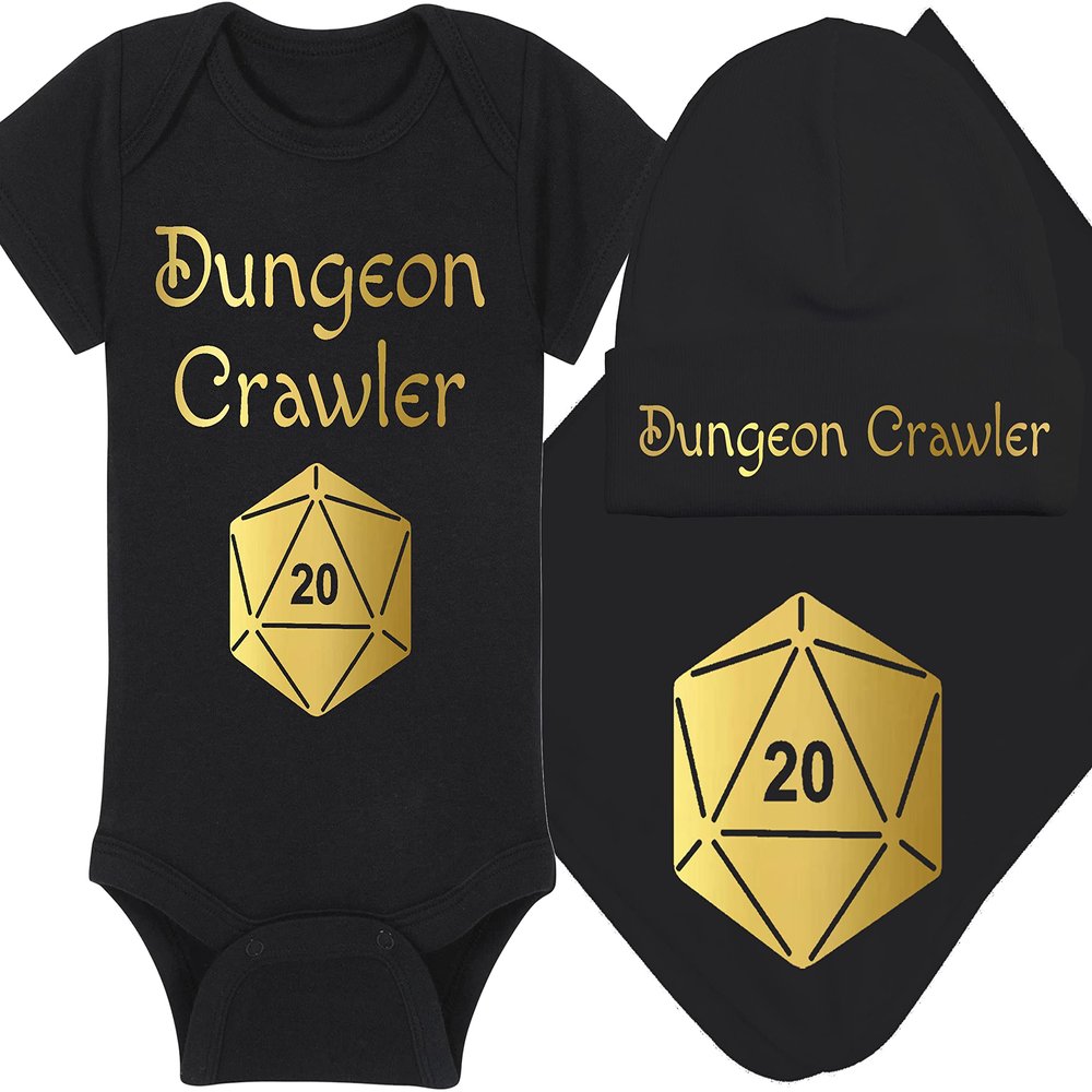 Gaming Baby Onesie and Bib - Dungeon Crawler with Dice - Solid D20 Die (12-18 Month - Black Fabric - Gold Design)
