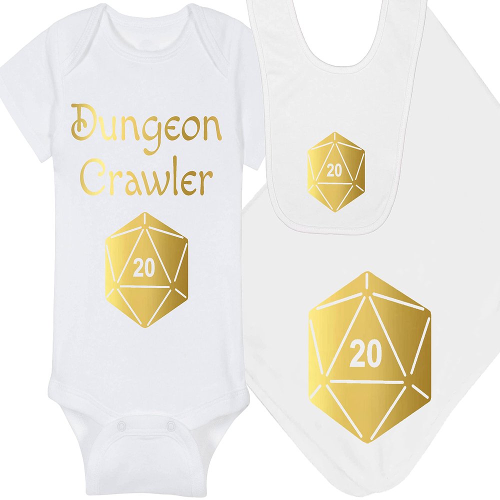 Gaming Baby Onesie and Blanket - Dungeon Crawler with Dice - Solid D20 Die (0-3 Month - White Fabric - Gold Design)