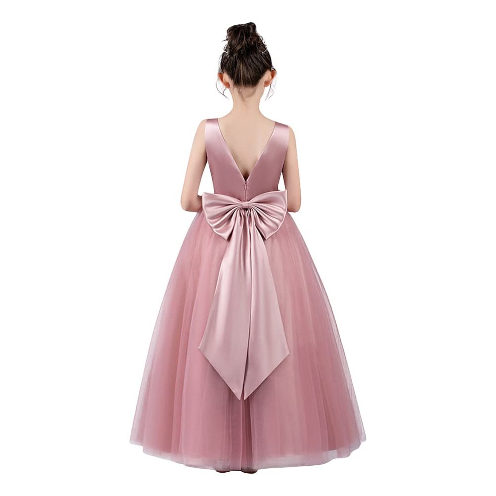 5-14 Girls Bowknot Backless Formal Party Wedding Tulle Dress Pageant Gown Princess Birthday Party Prom Ball Gown Bean Pink 9-10 Years