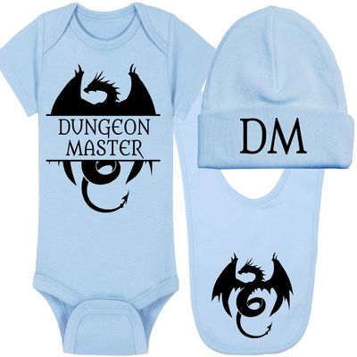 Gaming Baby Onesie and Hat - Dungeon Master with Dragon - DM (0-3 Month - Blue Fabric - Black Design)