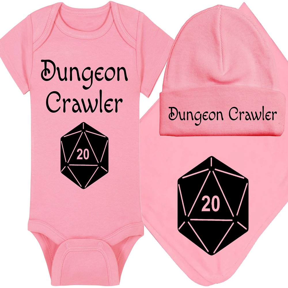 Gaming Baby Onesie and Blanket - Dungeon Crawler with Dice - Solid D20 Die (12-18 Month - Pink Fabric - Black Design)