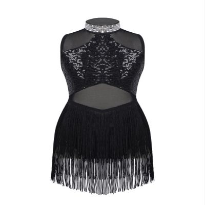Aislor Kids Girls Mesh Splice Rhinestone Sleeveless Tassel Dress Samba Jazz Tap Modern Latin Salsa Ballroom Dancewear Black 12 Years