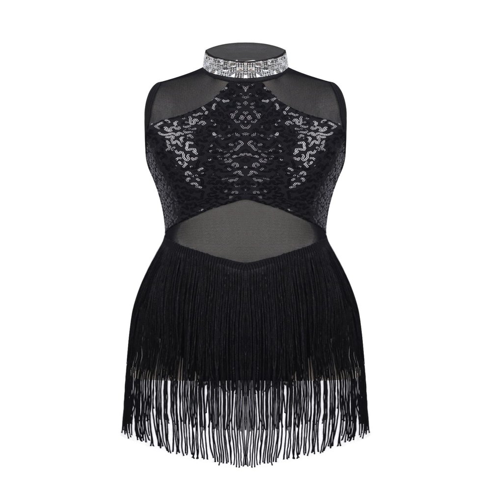 Aislor Kids Girls Mesh Splice Rhinestone Sleeveless Tassel Dress Samba Jazz Tap Modern Latin Salsa Ballroom Dancewear Black 12 Years
