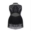 Aislor Kids Girls Mesh Splice Rhinestone Sleeveless Tassel Dress Samba Jazz Tap Modern Latin Salsa Ballroom Dancewear Black 12 Years view 1