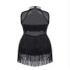 Aislor Kids Girls Mesh Splice Rhinestone Sleeveless Tassel Dress Samba Jazz Tap Modern Latin Salsa Ballroom Dancewear Black 12 Years view 2