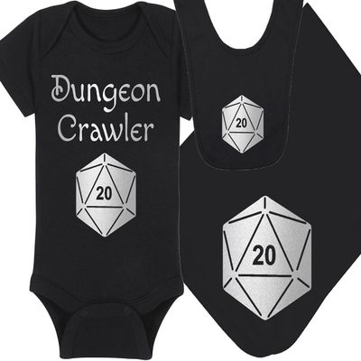 Gaming Baby Onesie and Bib - Dungeon Crawler with Dice - Solid D20 Die (3-6 Month - Black Fabric - Silver Design)
