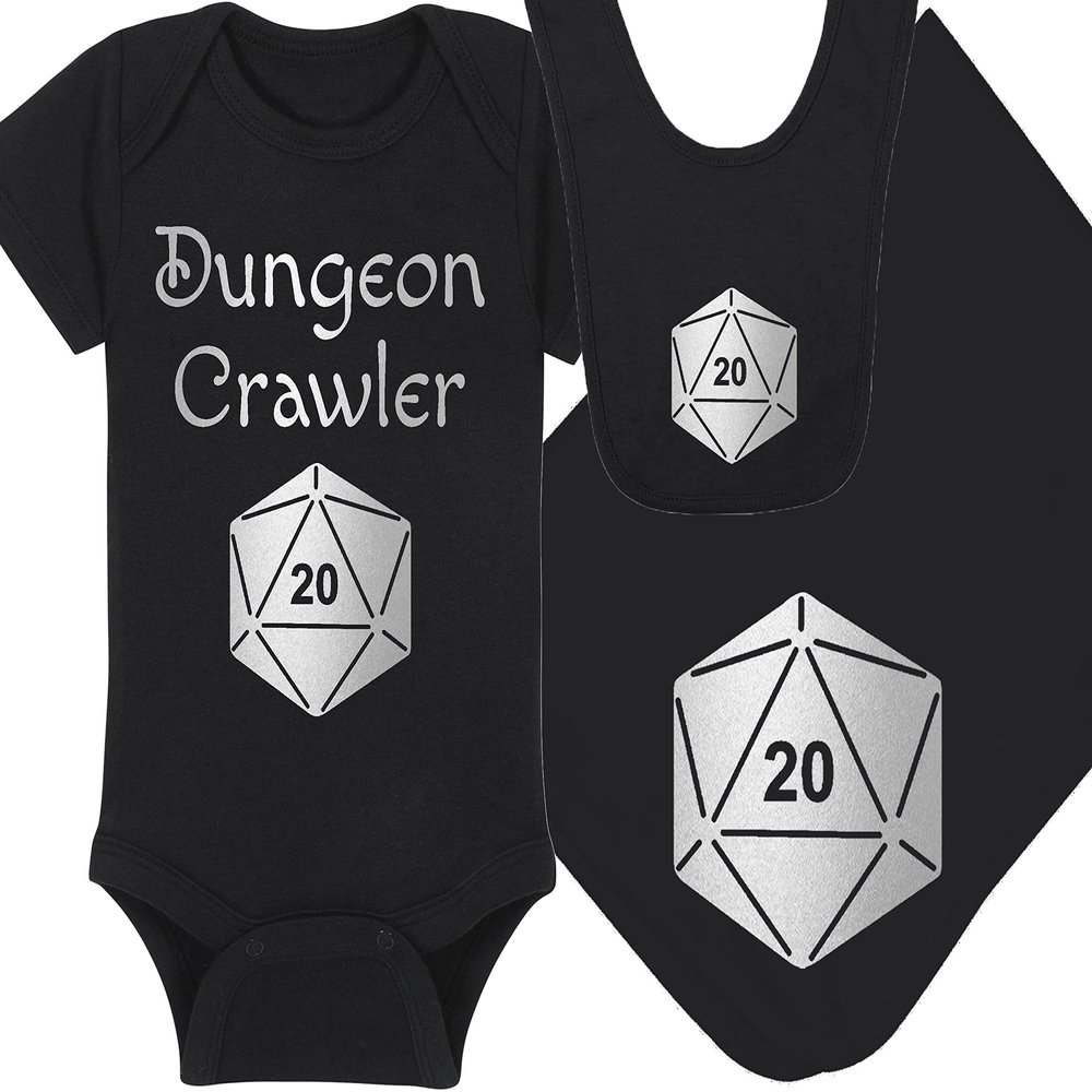 Gaming Baby Onesie and Bib - Dungeon Crawler with Dice - Solid D20 Die (3-6 Month - Black Fabric - Silver Design)