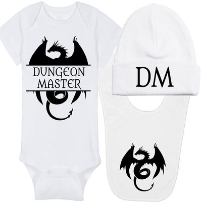 Gaming Baby Onesie and Blanket - Dungeon Master with Dragon - Dragon (0-3 Month - White Fabric - Black Design)
