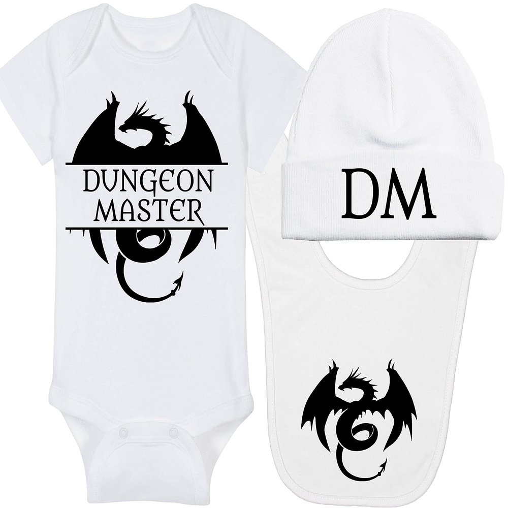 Gaming Baby Onesie and Blanket - Dungeon Master with Dragon - Dragon (0-3 Month - White Fabric - Black Design)