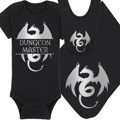 Gaming Baby Onesie and Bib - Dungeon Master with Dragon - Dragon (0-3 Month - Black Fabric - Silver Design)