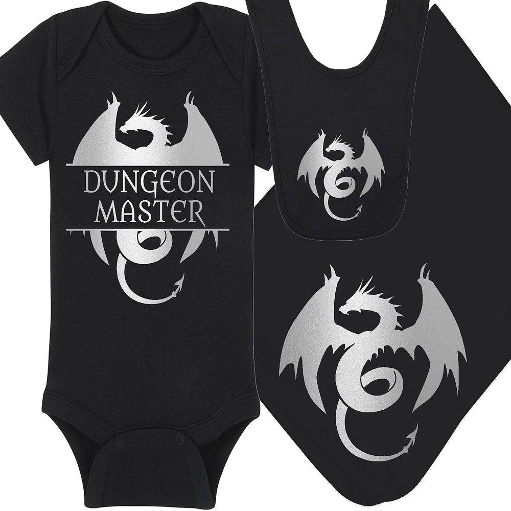 Gaming Baby Onesie and Bib - Dungeon Master with Dragon - Dragon (0-3 Month - Black Fabric - Silver Design)